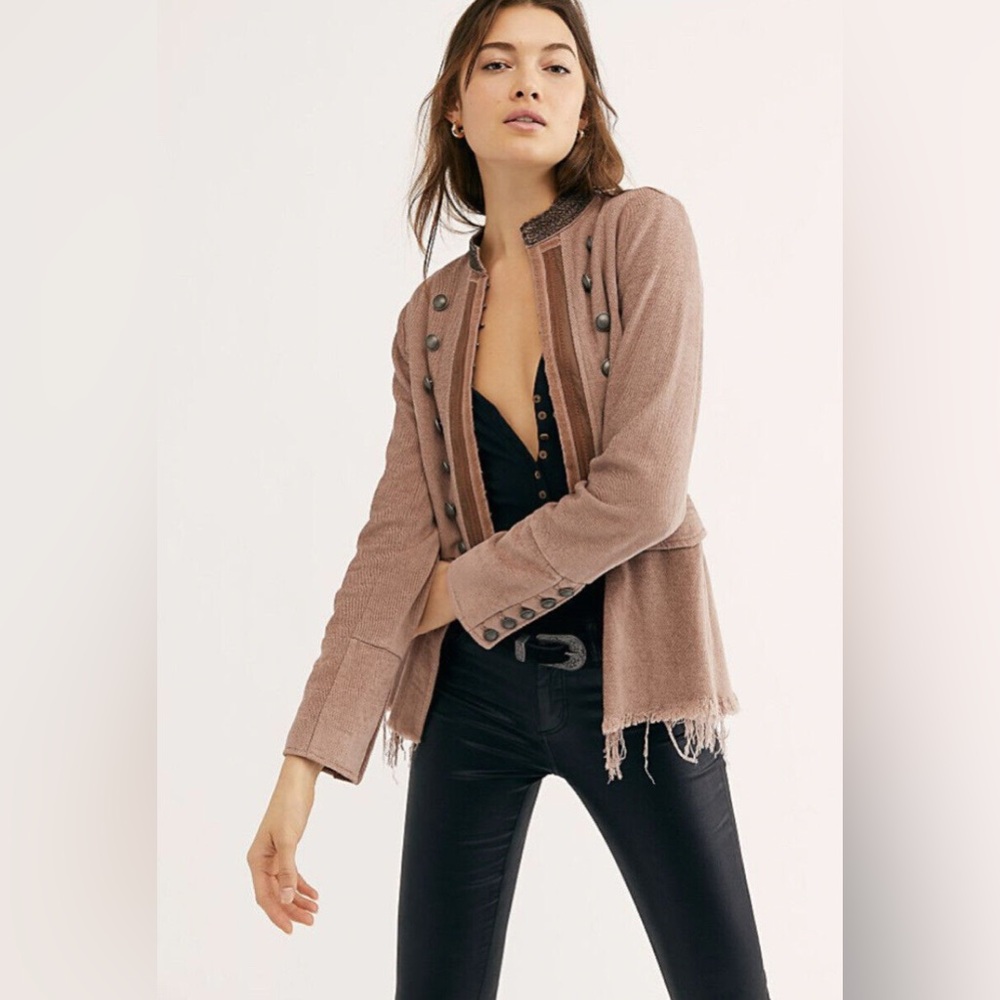 Free People Lucy Military Jacket Frayed Raw Hem Sz L